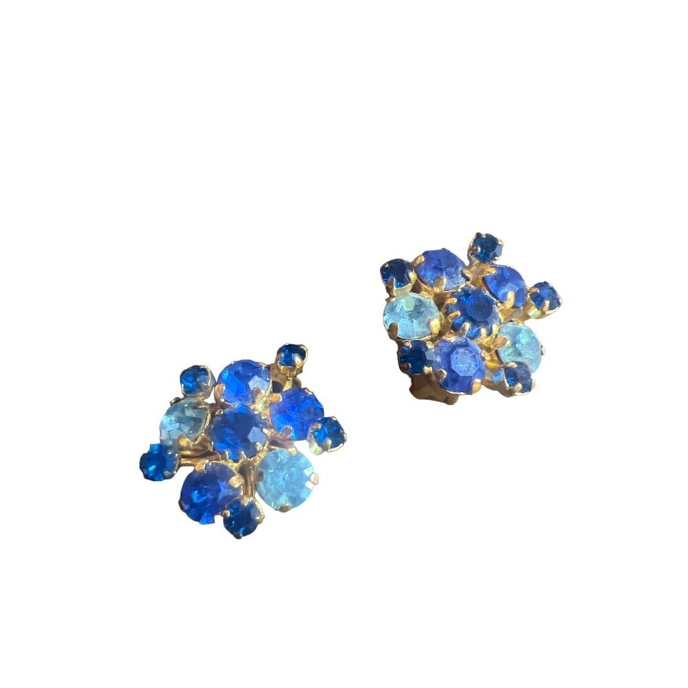 Vintage Blue Rhinestone Clip-on Earrings Prong Set Unique Elegant
